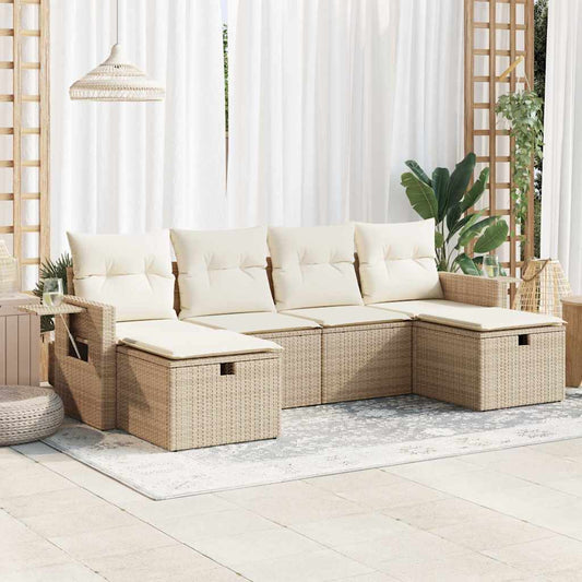 6-tlg. Garten-Sofagarnitur mit Kissen Beige Poly Rattan