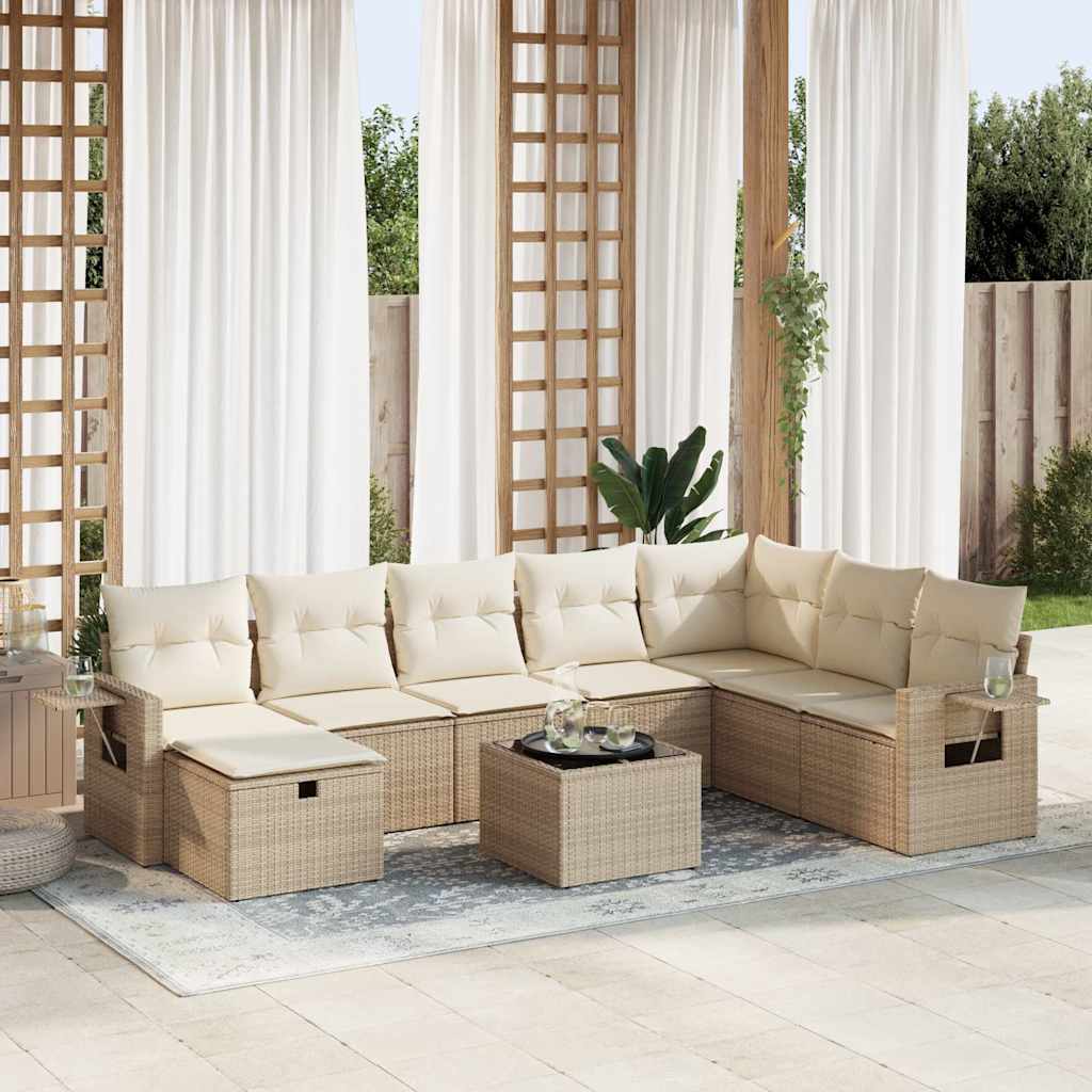 9-tlg. Garten-Sofagarnitur mit Kissen Beige Poly Rattan