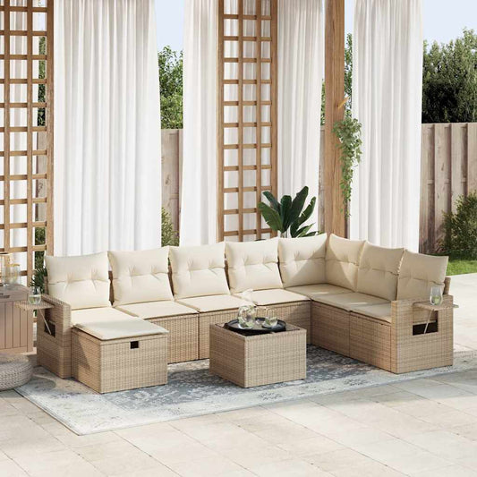9-tlg. Garten-Sofagarnitur mit Kissen Beige Poly Rattan