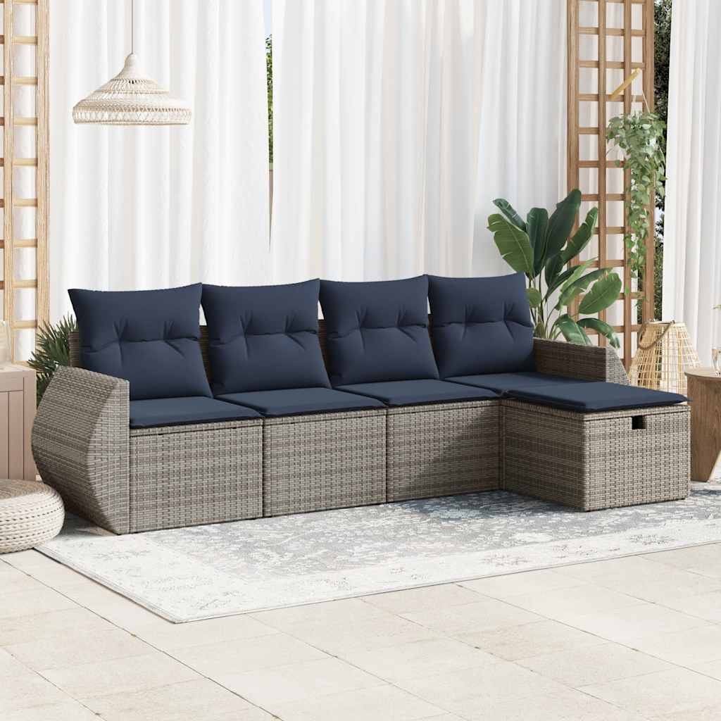 5-tlg. Garten-Sofagarnitur mit Kissen Grau Poly Rattan