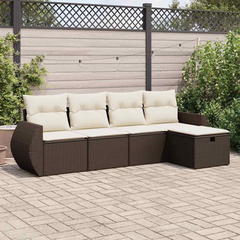 5-tlg. Garten-Sofagarnitur mit Kissen Braun Poly Rattan