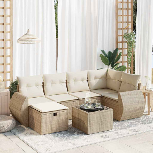 7-tlg. Garten-Sofagarnitur mit Kissen Beige Poly Rattan