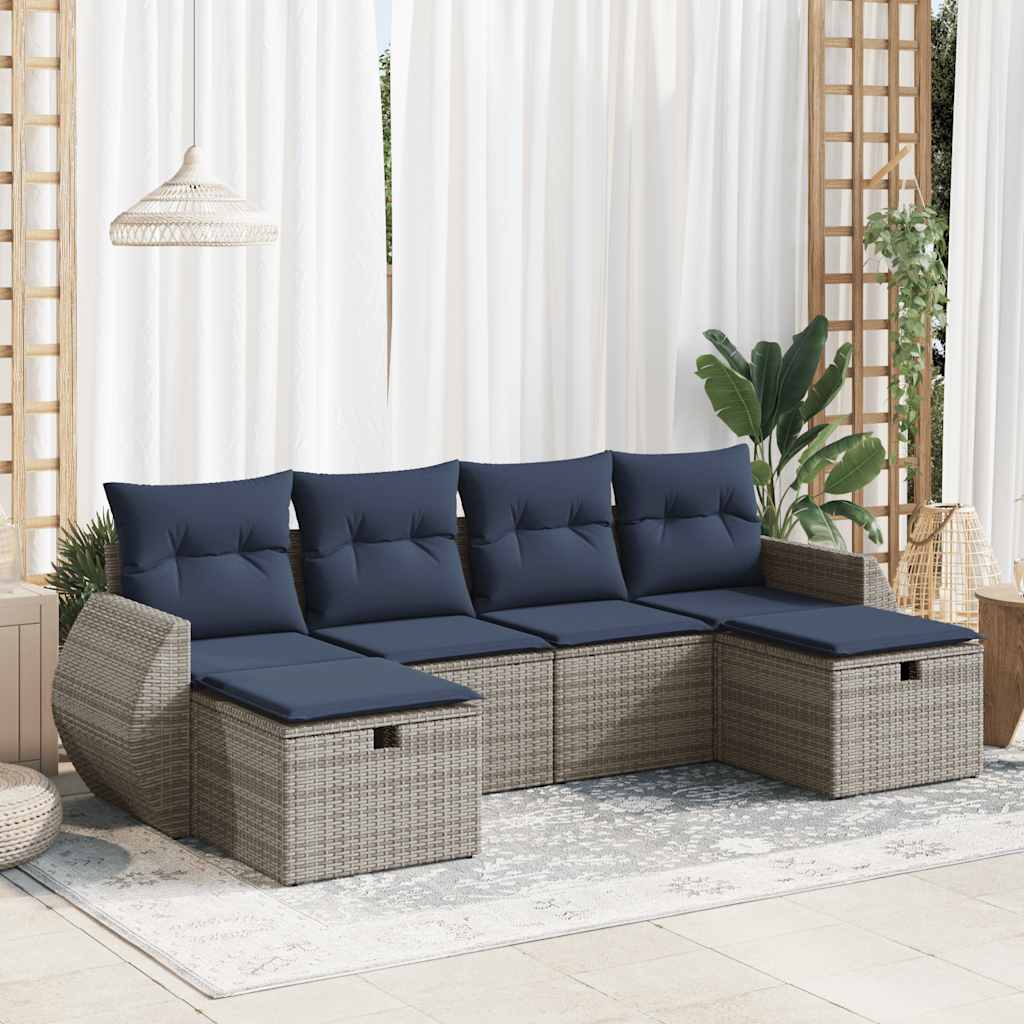 6-tlg. Garten-Sofagarnitur mit Kissen Grau Poly Rattan