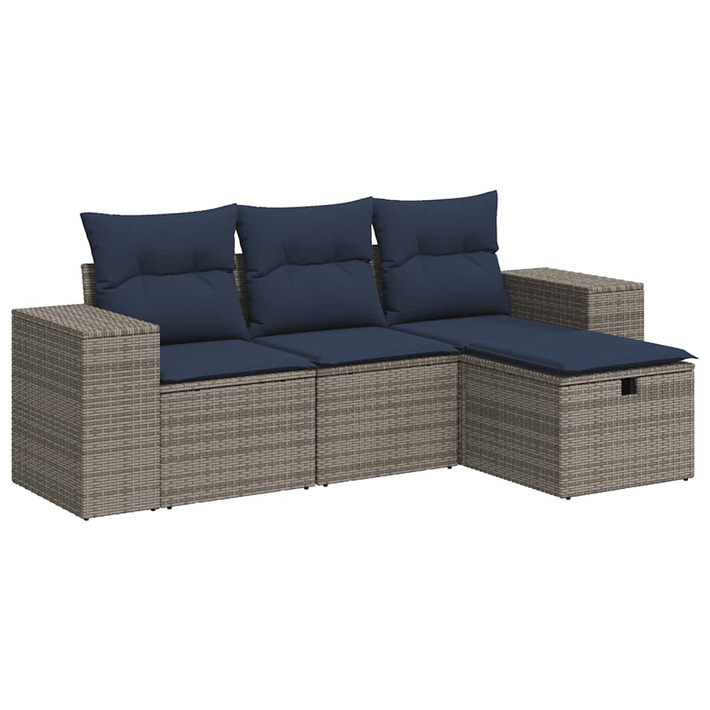 4-tlg. Garten-Sofagarnitur mit Kissen Grau Poly Rattan