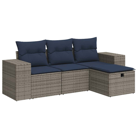 4-tlg. Garten-Sofagarnitur mit Kissen Grau Poly Rattan