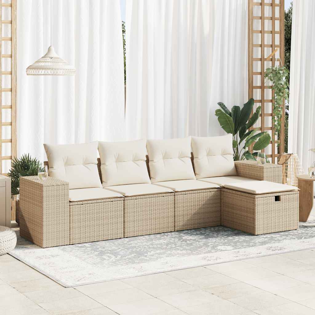 5-tlg. Garten-Sofagarnitur mit Kissen Beige Poly Rattan