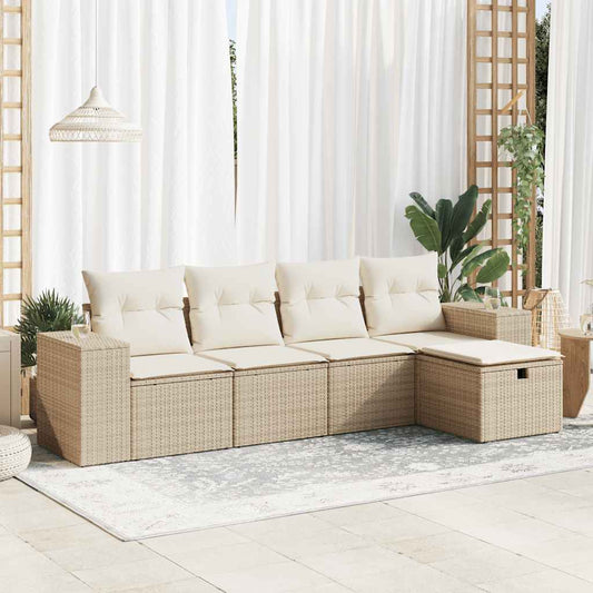 5-tlg. Garten-Sofagarnitur mit Kissen Beige Poly Rattan