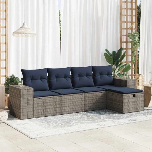 5-tlg. Garten-Sofagarnitur mit Kissen Grau Poly Rattan