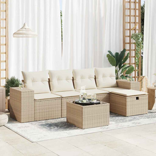 6-tlg. Garten-Sofagarnitur mit Kissen Beige Poly Rattan