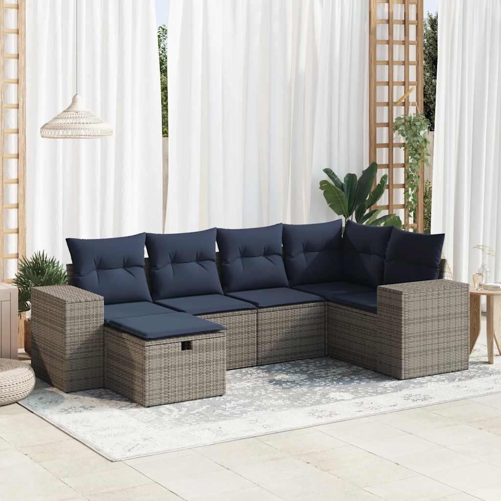 6-tlg. Garten-Sofagarnitur mit Kissen Grau Poly Rattan