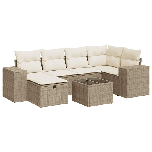 7-tlg. Garten-Sofagarnitur mit Kissen Beige Poly Rattan