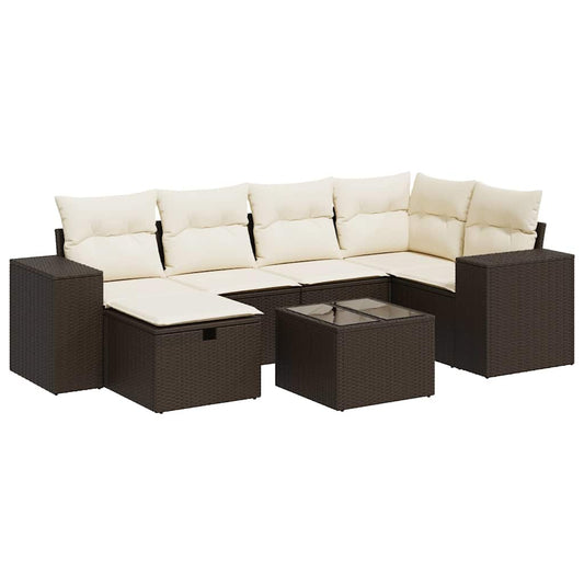 7-tlg. Garten-Sofagarnitur mit Kissen Braun Poly Rattan