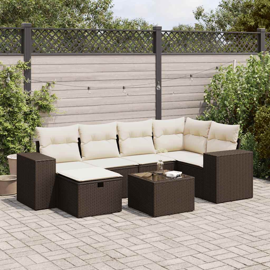 7-tlg. Garten-Sofagarnitur mit Kissen Braun Poly Rattan