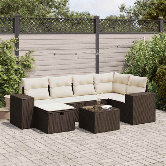 7-tlg. Garten-Sofagarnitur mit Kissen Braun Poly Rattan