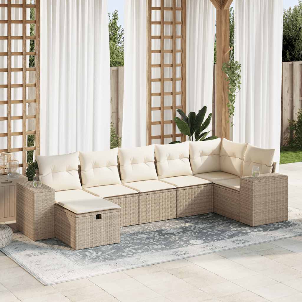 7-tlg. Garten-Sofagarnitur mit Kissen Beige Poly Rattan