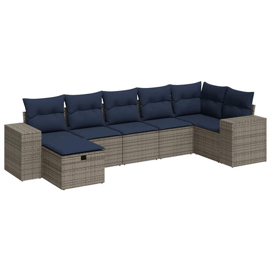 7-tlg. Garten-Sofagarnitur mit Kissen Grau Poly Rattan