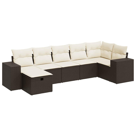 7-tlg. Garten-Sofagarnitur mit Kissen Braun Poly Rattan