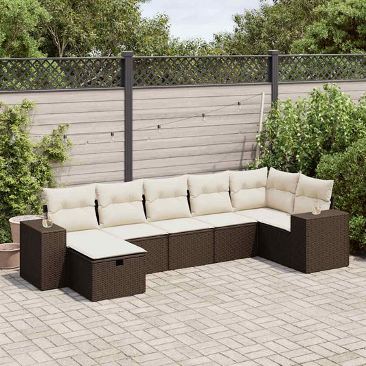 7-tlg. Garten-Sofagarnitur mit Kissen Braun Poly Rattan