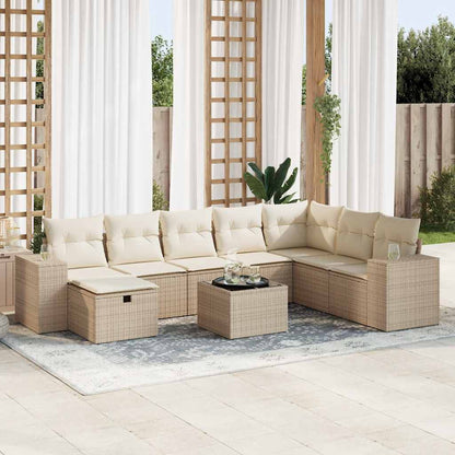 9-tlg. Garten-Sofagarnitur mit Kissen Beige Poly Rattan
