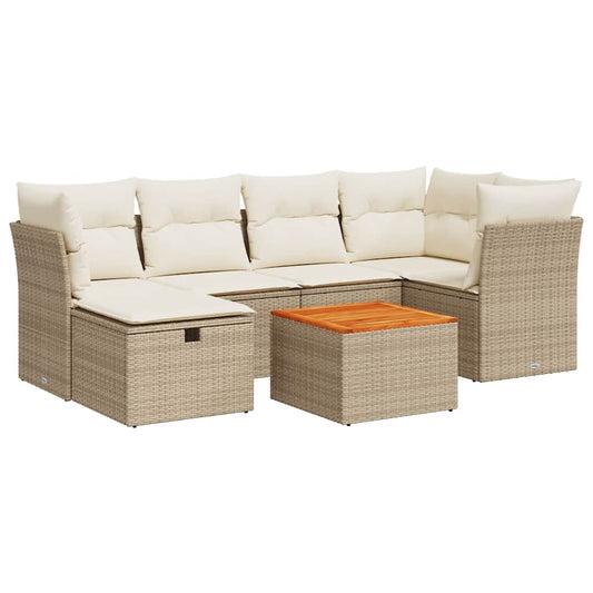 7-tlg. Garten-Sofagarnitur mit Kissen Beige Poly Rattan