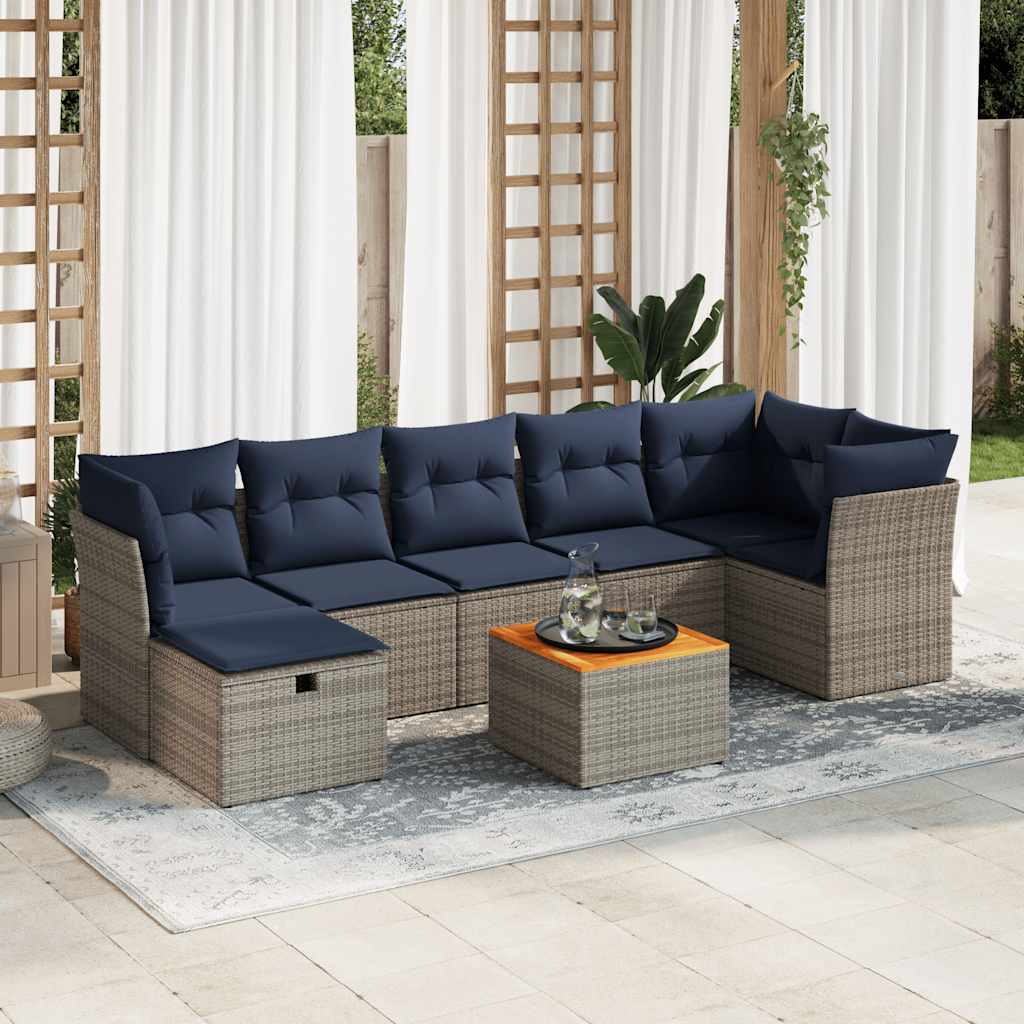 8-tlg. Garten-Sofagarnitur mit Kissen Grau Poly Rattan