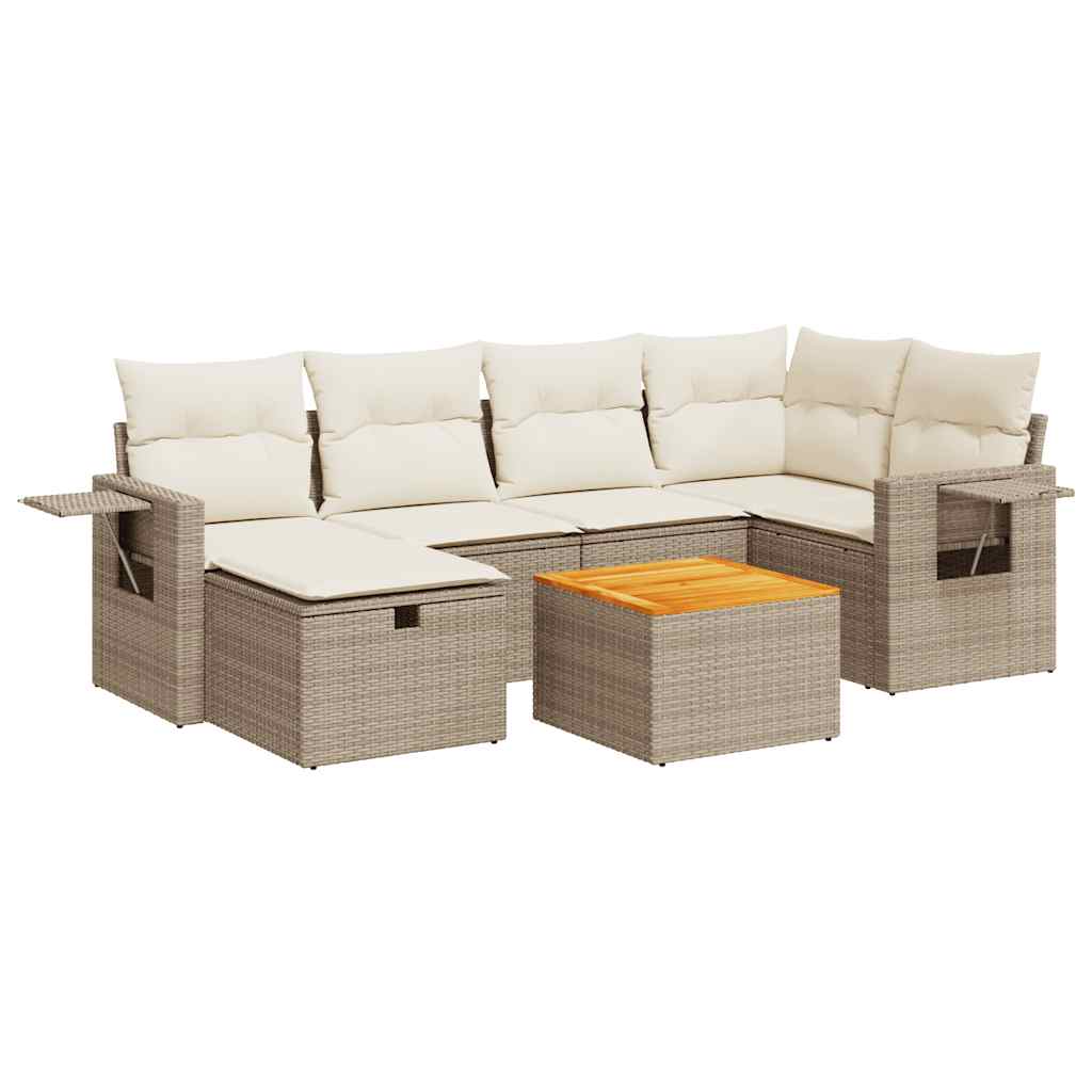 7-tlg. Garten-Sofagarnitur mit Kissen Beige Poly Rattan