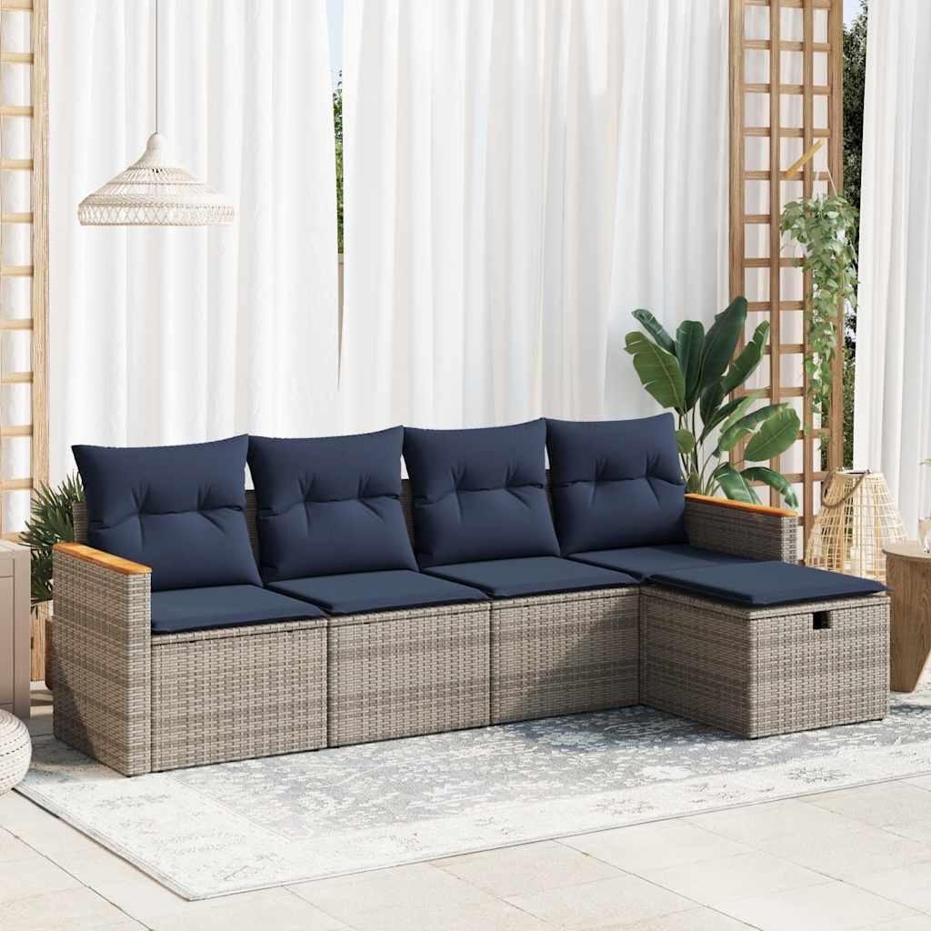 5-tlg. Garten-Sofagarnitur mit Kissen Grau Poly Rattan