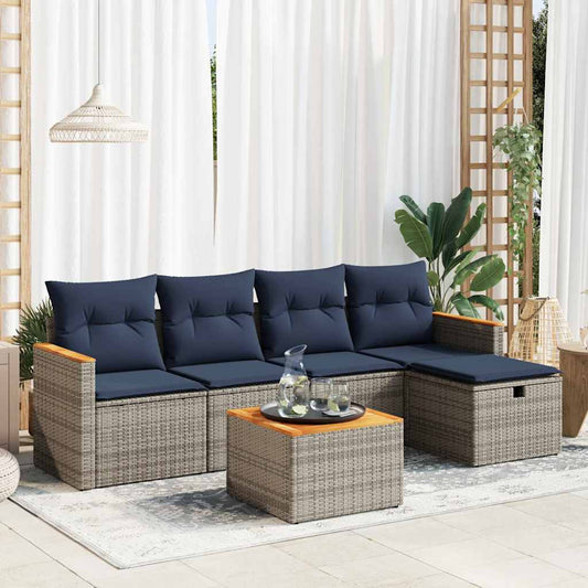 6-tlg. Garten-Sofagarnitur mit Kissen Grau Poly Rattan