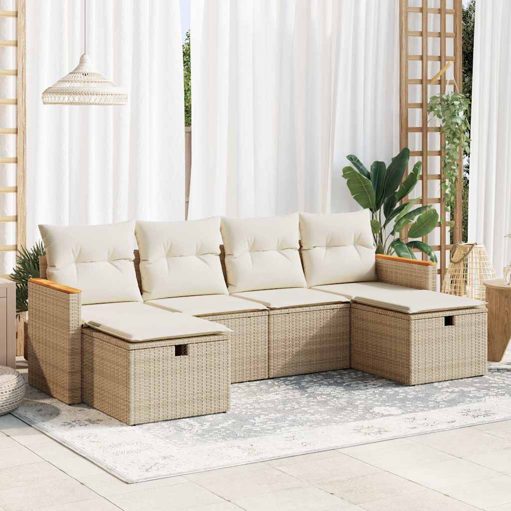 6-tlg. Garten-Sofagarnitur mit Kissen Beige Poly Rattan