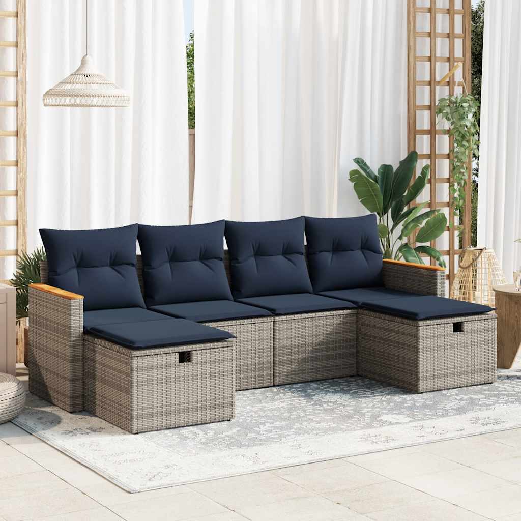6-tlg. Garten-Sofagarnitur mit Kissen Grau Poly Rattan