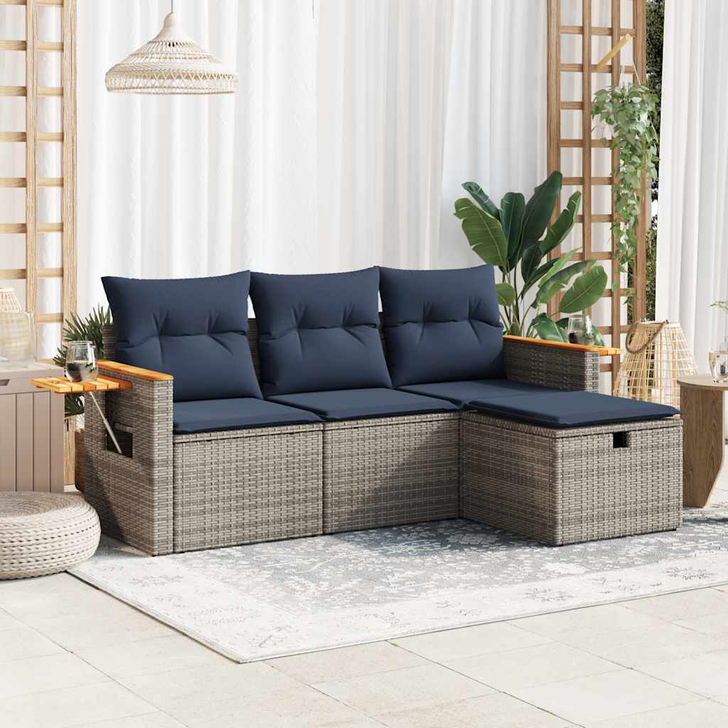4-tlg. Garten-Sofagarnitur mit Kissen Grau Poly Rattan