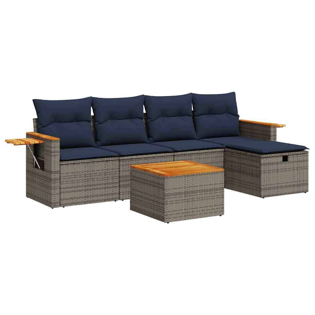 6-tlg. Garten-Sofagarnitur mit Kissen Grau Poly Rattan