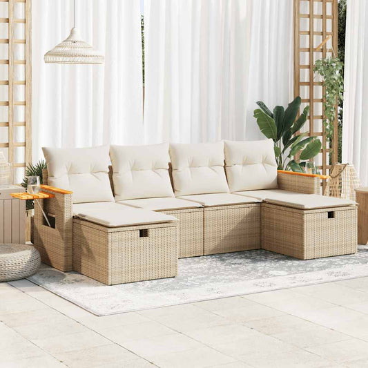 6-tlg. Garten-Sofagarnitur mit Kissen Beige Poly Rattan