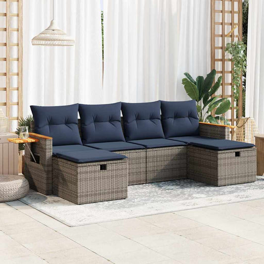 6-tlg. Garten-Sofagarnitur mit Kissen Grau Poly Rattan