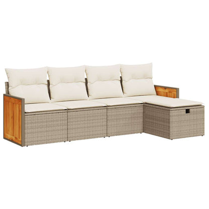 5-tlg. Garten-Sofagarnitur mit Kissen Beige Poly Rattan