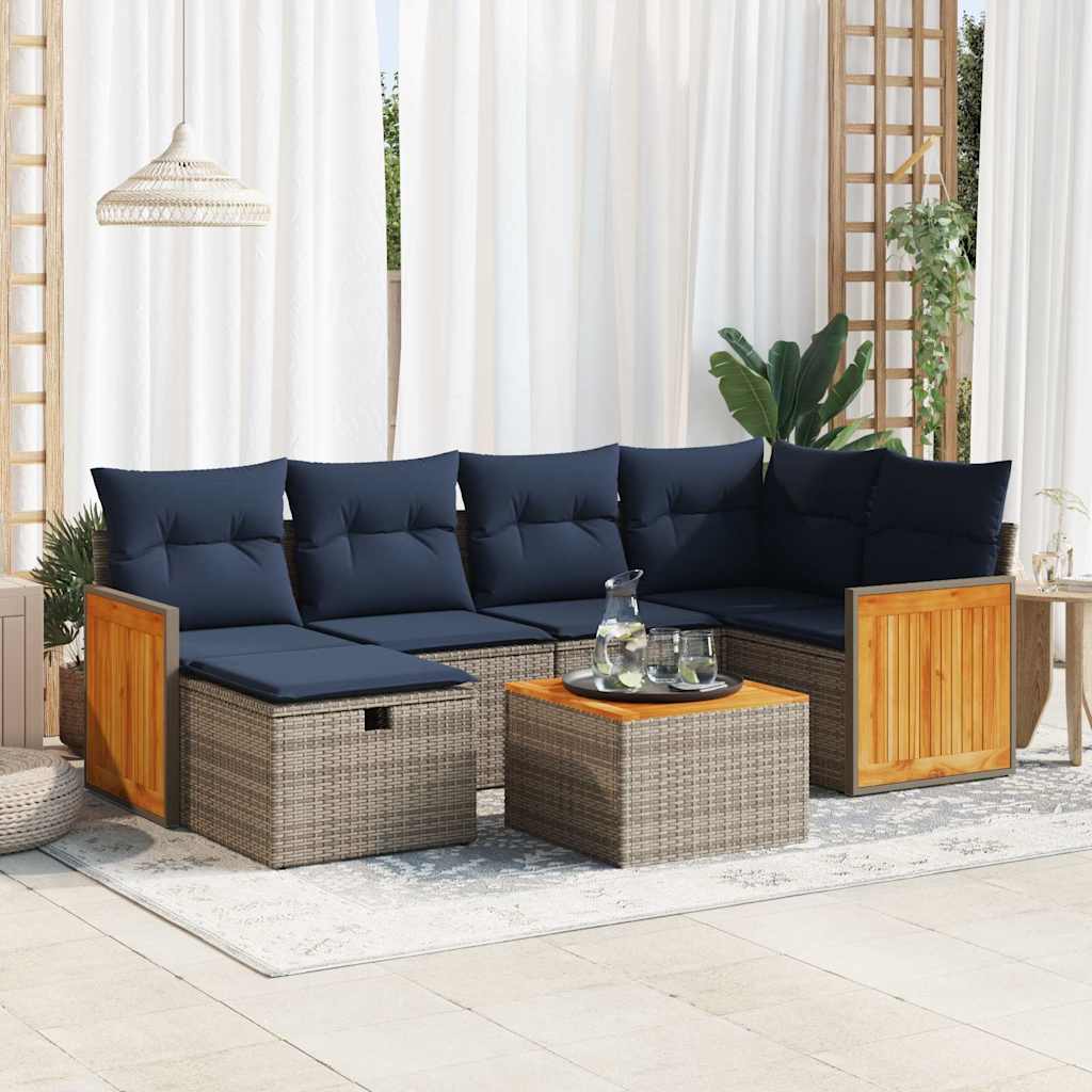 7-tlg. Garten-Sofagarnitur mit Kissen Grau Poly Rattan