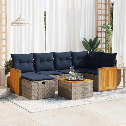 7-tlg. Garten-Sofagarnitur mit Kissen Grau Poly Rattan
