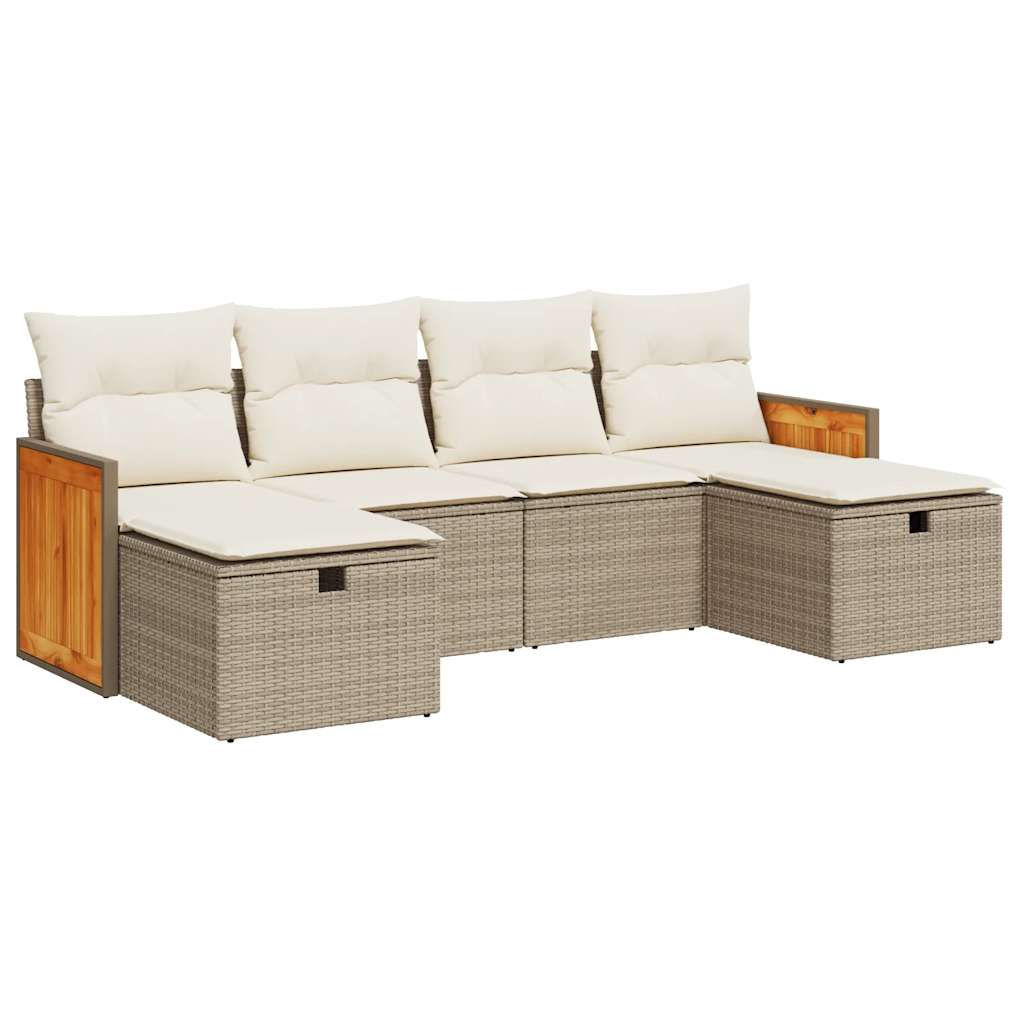 6-tlg. Garten-Sofagarnitur mit Kissen Beige Poly Rattan