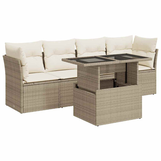 5-tlg. Garten-Sofagarnitur mit Kissen Beige Poly Rattan