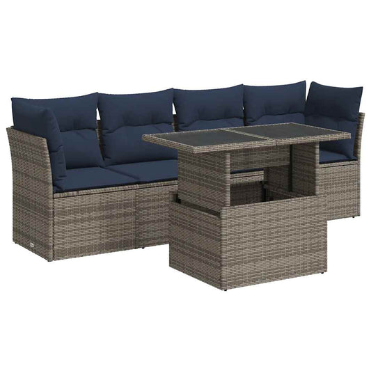 5-tlg. Garten-Sofagarnitur mit Kissen Grau Poly Rattan Akazie