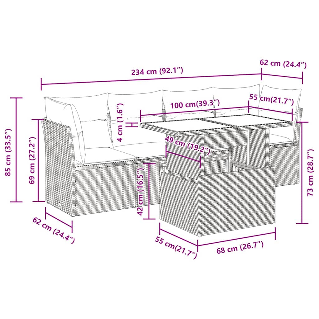 5-tlg. Garten-Sofagarnitur mit Kissen Grau Poly Rattan Akazie