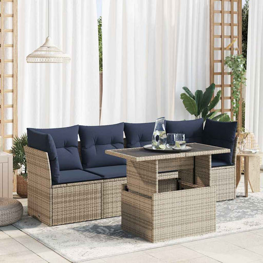 5-tlg. Garten-Sofagarnitur mit Kissen Grau Poly Rattan Akazie