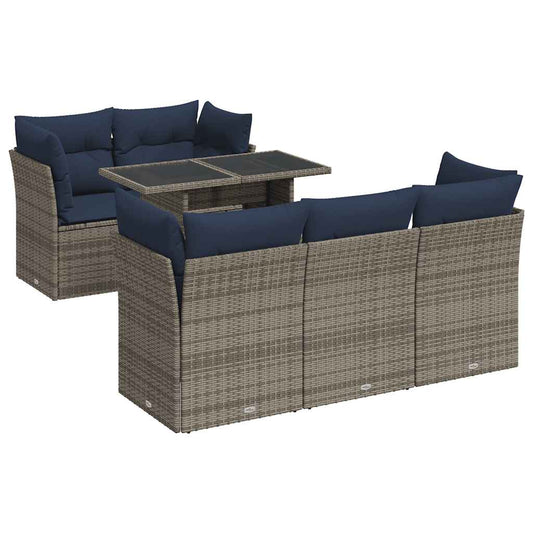 6-tlg. Garten-Sofagarnitur mit Kissen Grau Poly Rattan Akazie