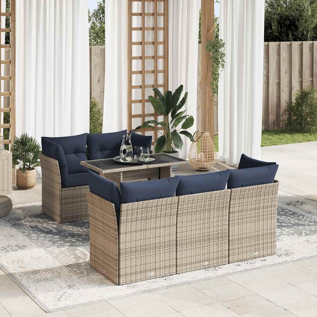 6-tlg. Garten-Sofagarnitur mit Kissen Grau Poly Rattan Akazie