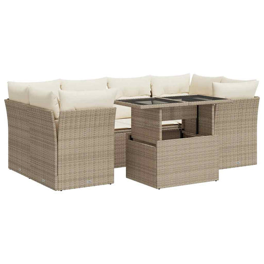 7-tlg. Garten-Sofagarnitur mit Kissen Beige Poly Rattan