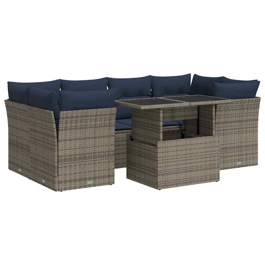 7-tlg. Garten-Sofagarnitur mit Kissen Grau Poly Rattan Akazie