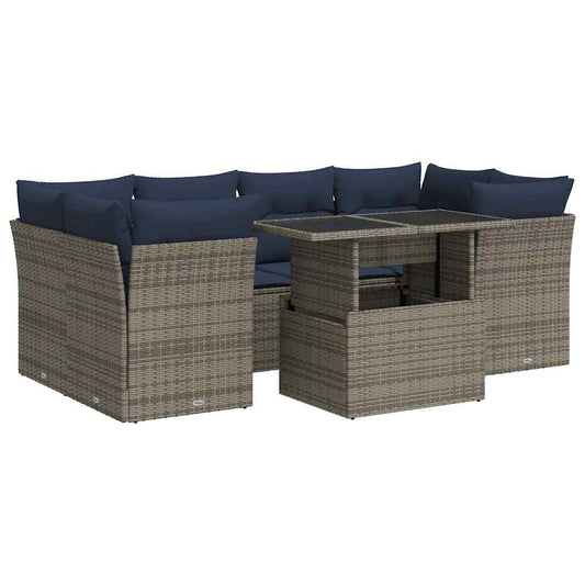 7-tlg. Garten-Sofagarnitur mit Kissen Grau Poly Rattan Akazie