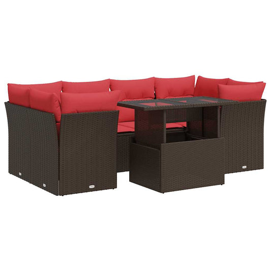 7-tlg. Garten-Sofagarnitur mit Kissen Braun Poly Rattan Akazie