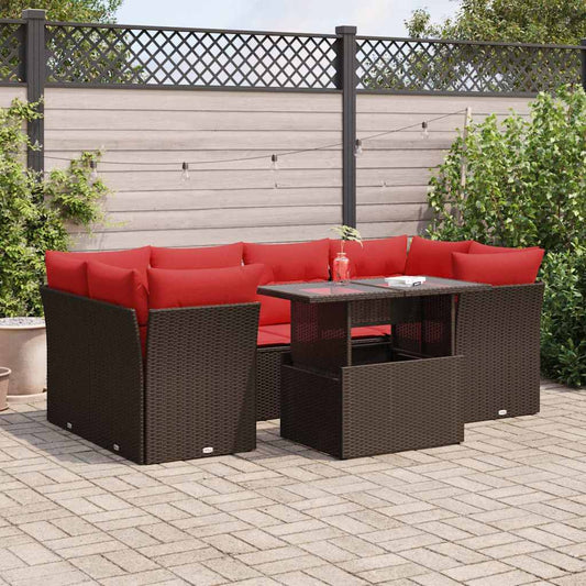 7-tlg. Garten-Sofagarnitur mit Kissen Braun Poly Rattan Akazie