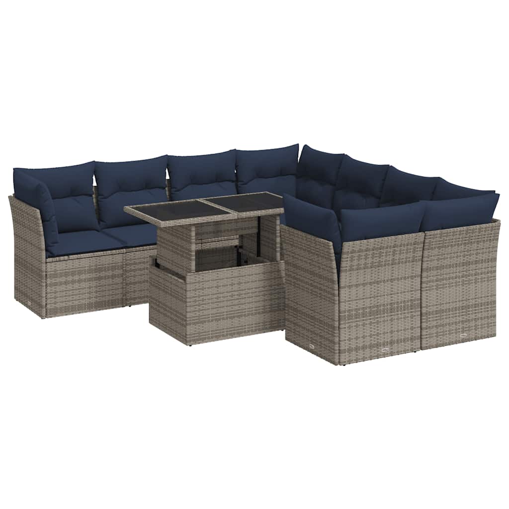 9-tlg. Garten-Sofagarnitur mit Kissen Grau Poly Rattan Akazie